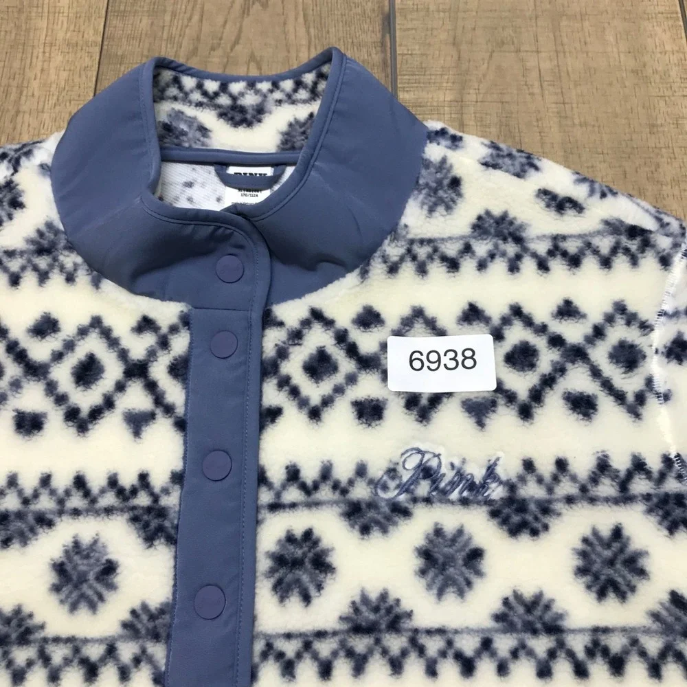 VS PINK Jacket Womens Size‎ XL Blue Sherpa Fair Isle Plush Teddy Snap Pullover